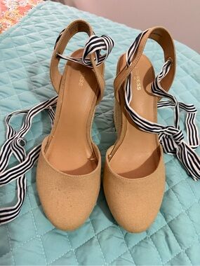 Express Tan Espadrille Wedge Sandals with Navy-and-White Striped Ties
